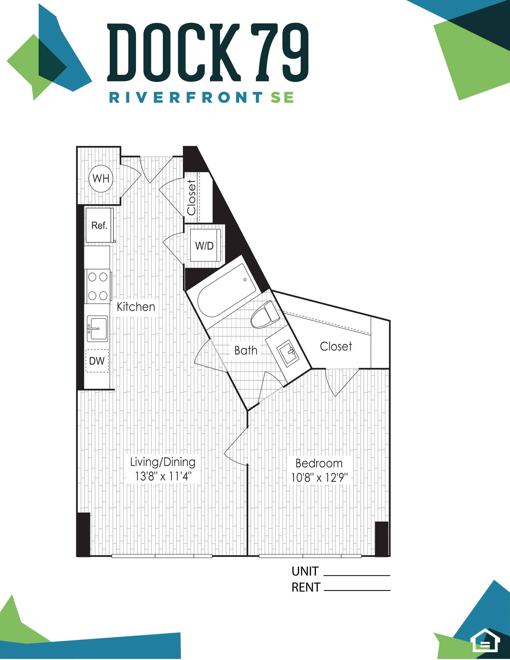 Floor plan for 1 bed, 1 bath, 736 sqft